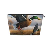 Hunting Flying Wild Ducks by The Lake Printed Toiletry Bag for Women Girl Portable Travel Cosmetic Bag Leather Makeup Pouch Organizer with Silver Zipper