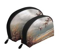 Hunting Flying Wild Ducks Portable Shell Cosmetic Bag Set - Travel Makeup Organiser with Zipper & Inner Compartments