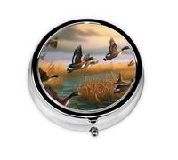Hunting Flying Wild Ducks Print Pill Box, Round Pill Organizer, 3 Compartment Small Pill Case for Purse & Pocket, Portable Medicine Box, Travel Pill Case
