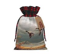 Hunting Flying Wild Ducks Printed Christmas Drawstring Linen Gift Bags – Reusable Burlap Fabric Bags With Tags For Christmas Gifts, Party Favors, Wedding Decor & Holiday Packaging 2 Sizes