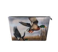 Hunting Flying Wild Ducks Printed Toiletry Bag for Women Girl Portable Travel Cosmetic Bag Leather Makeup Pouch Organizer with Silver Zipper