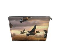 Hunting Flying Wild Ducks Printed Toiletry Bag for Women Girl Portable Travel Cosmetic Bag Leather Makeup Pouch Organizer with Silver Zipper