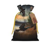 Hunting Flying Wild Printed Christmas Drawstring Bags Reusable Bag for Christmas Party Xmas Gift Wrapping, Yellow Ribbon, S