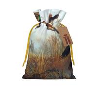 Hunting Flying Wild Printed Christmas Drawstring Bags with Yellow Christmas Ribbon - Reusable Burlap Drawstring Gift Pouches, S