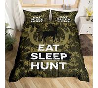 Hunting Green Camouflage Bedding Set Single Size,Eat Sleep Hunt Print Duvet Cover for Kids Boys Bed Comforter Cover Set,Retro Deer Silhouette Antlers Bedding Quilt Cover Set Decorative 2 Pieces