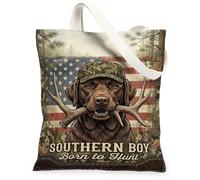 Hunting Labrador Retriever Quote Chocolate Canvas Tote Bag 13x15 Inch | Camouflage Cap, Deer Antlers, America Flag, Rustic Forest Background, Outdoor Lifestyle Theme