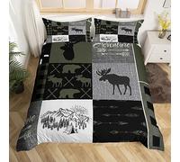 Hunting Rustic Lodge Bedding Set King, Deer Bear Patchwork Comforter Cover Retro Cabin Lodge Duvet Cover For Kids Teens Adult Men, Camping Moose Elk Quilt Cover With 2 Pillow Cases, Grey Black