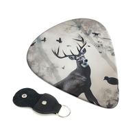 Hunting Silhouette of Deer Guitar Picks 6 Pack with Leather Guitar Pick Holder Keychain, Plectrum Key Fob Cases Bag, Abstract Art Plectrum for Acoustic Electric Guitar, Ukulele 0.46mm