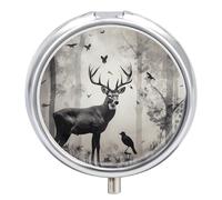 Hunting Silhouette of Deer Medicine Pill Case, 3 Compartment Round Pill Box, Portable Decorative Medicine Organizer for Pocket Or Purse Vitamin Organize
