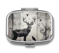 Hunting Silhouette of Deer Pill Box, 2 Compartment Medicine Pill Case, Portable Pill Organizer for Pocket Or Purse Decorative Metal Medicine Vitamin Organizer