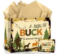 Hunting Themed Baby Shower Birthday Gift Bag for Baby Boy A Little Buck is Almost Here Bag with Wrapping Paper Card Brown Woodland Animal Gift Bag Baby Shower Bday Gender Reveal Party Supplies