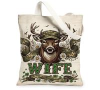 Hunting Wife Deer Floral Quote Rustic Canvas Tote Bag 13x15 Inch | Chrysanthemum Flowers, Camouflage Patterns, Rustic Wood Texture, Outdoorsy Aesthetic, Nature-inspired Design