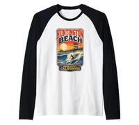 Huntington Beach Pier Surfing Retro California Raglan Baseball Tee