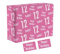 Hunts England - 1 Sheet Of 12th Birthday Pink Fun Wrapping Paper For Girl - Includes 2 Gift Tags - Age 12 Female Folded Gift Wrap - Urban Colour Collection - Age Twelve Gift Wrap For Girls