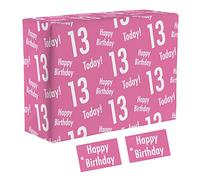 Hunts England - 1 Sheet Of 13th Birthday Pink Fun Wrapping Paper For Her - Includes 2 Gift Tags - Age 13 Female Folded Gift Wrap - Urban Colour Collection - Age Thirteen Gift Wrap For Girls