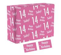 Hunts England - 1 Sheet Of 14th Birthday Pink Fun Wrapping Paper For Girl - Includes 2 Gift Tags - Age 14 Female Folded Gift Wrap - Urban Colour Collection - Age Fourteen Gift Wrap For Girls