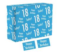 Hunts England - 1 Sheet Of 18th Birthday Blue Fun Wrapping Paper For Him - Includes 2 Gift Tags - Age 18 Male Folded Gift Wrap - Urban Colour Collection - Age Eighteen Gift Wrap For Men