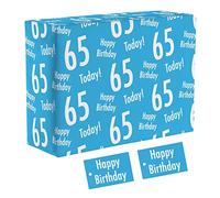 Hunts England - 1 Sheet Of 65th Birthday Blue Fun Wrapping Paper For Him - Includes 2 Gift Tags - Age 65 Male Folded Gift Wrap - Urban Colour Collection - Age Sixty Five Gift Wrap For Men