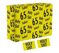Hunts England - 1 Sheet Of 65th Birthday Wrapping Paper - Includes 2 Gift Tags - Age 65 Folded Gift Wrap For Him/Her - Holy Shit Collection - Bold Age Sixty Five Gift Wrap For Men/Women