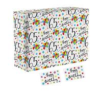 Hunts England - 1 Sheet Of 65th Birthday Wrapping Paper - Includes 2 Gift Tags - Age 65 Folded Gift Wrap For Him/Her - Iconic Collection - Colourful Age Sixty Five Gift Wrap For Men/Women