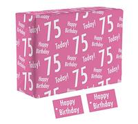 Hunts England - 1 Sheet Of 75th Birthday Pink Fun Wrapping Paper For Women - Includes 2 Gift Tags - Age 75 Female Folded Gift Wrap - Urban Colour Collection - Age Seventy Five Gift Wrap For Her