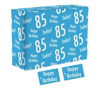 Hunts England - 1 Sheet Of 85th Birthday Blue Fun Wrapping Paper For Men - Includes 2 Gift Tags - Age 85 Male Folded Gift Wrap - Urban Colour Collection - Age Eighty Five Gift Wrap For Him