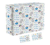 Hunts England - 1 Sheet Of Baby Boy 1st Birthday Wrapping Paper - Includes 2 Gift Tags - Age 1 Male Folded Gift Wrap For Boy - Iconic Collection - Age One Blue Gift Wrap With Cute Elephants