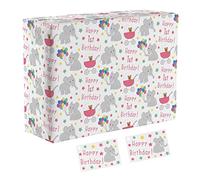 Hunts England - 1 Sheet Of Baby Girl 1st Birthday Wrapping Paper - Includes 2 Gift Tags - Age 1 Female Folded Gift Wrap For Girl - Iconic Collection - Age One Pink Gift Wrap With Elephants