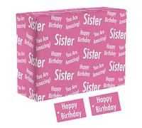 Hunts England - 1 Sheet Of Sister Birthday Fun Wrapping Paper For Girls - Includes 2 Gift Tags - Sister Female Folded Gift Wrap - Urban Colour Collection - Sister Gift Wrap - For Children