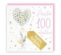 Hunts England - 100th Auntie Contemporary Hearts Birthday Card - Gold Foil - Milo's Gallery - Age 100 Champagne, Hearts Pretty Birthday Card For Auntie - Age One Hundred - Fabulous Pink Envelope