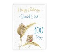 Hunts England - 100th Dad Harvest Mice Male Gold Foil Birthday Card - A5 Size - Mouse On Wheat, Colourful Nature Design - Age 100 Happy Birthday Dad Card - Milo's Gallery