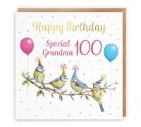 Hunts England - 100th Grandma Blue Tits Birthday Card - Gold Foil - Milo's Gallery - Age 100 Birds Funny Birthday Card For Grandma - For 100 Year Old - Age One Hundred