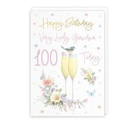 Hunts England - 100th Grandma Champagne Flutes Birthday Card - Gold Foil - Milo's Gallery - Age 100 Pretty Flowers, Butterflies Birthday Card For Grandma - Age One Hundred - A5 Size