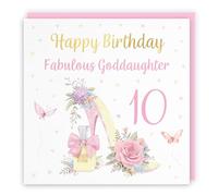 Hunts England - 10th Goddaughter High Heel And Perfume Birthday Card - Gold Foil - Milo's Gallery - Age 10 Pretty Birthday Card For Goddaughter - Age Ten