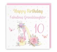Hunts England - 10th Granddaughter High Heel And Perfume Birthday Card - Gold Foil - Milo's Gallery - Age 10 Pretty Birthday Card For Granddaughter - Age Ten