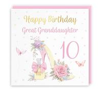 Hunts England - 10th Great Granddaughter High Heel And Perfume Birthday Card - Gold Foil - Milo's Gallery - Age 10 Butterflies, Flowers, Hearts Birthday Card For Great Granddaughter