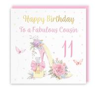 Hunts England - 11th Female Cousin High Heel And Perfume Birthday Card - Gold Foil - Milo's Gallery - Age 11 Pretty Birthday Card For Cousin