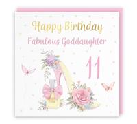 Hunts England - 11th Goddaughter High Heel And Perfume Birthday Card - Gold Foil - Milo's Gallery - Age 11 Pretty Birthday Card For Goddaughter - Age Eleven