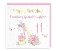 Hunts England - 11th Granddaughter High Heel And Perfume Birthday Card - Gold Foil - Milo's Gallery - Age 11 Pretty Birthday Card For Granddaughter - Age Eleven