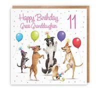 Hunts England - 11th Great Granddaughter Birthday Card - Dancing Dogs - Age 11 - Funny Girl's 11th Birthday Card For Great Granddaughter - Milo's Gallery - Age Eleven
