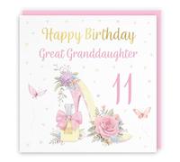 Hunts England - 11th Great Granddaughter High Heel And Perfume Birthday Card - Gold Foil - Milo's Gallery - Age 11 Butterflies, Flowers, Hearts Birthday Card For Great Granddaughter