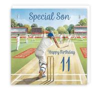 Hunts England - 11th Son Cricket Birthday Card - Milo's Gallery - Age 11 Sport Fun Birthday Card For Son - For 11 Year Old Cricket Fan - Age Eleven