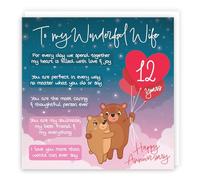 Hunts England - 12th Anniversary Card for Wife - Starry Night, Cute Bears, Romantic Poem