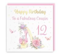 Hunts England - 12th Female Cousin High Heel And Perfume Birthday Card - Gold Foil - Milo's Gallery - Age 12 Pretty Birthday Card For Cousin