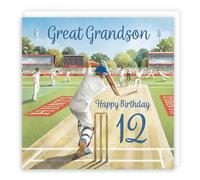 Hunts England - 12th Great Grandson Cricket Birthday Card - Milo's Gallery - Age 12 Sport Fun Birthday Card For Great Grandson - For 12 Year Old Cricket Fan - Age Twelve