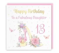 Hunts England - 13th Daughter High Heel And Perfume Birthday Card - Gold Foil - Milo's Gallery - Age 13 Butterflies, Flowers, Hearts Pretty Birthday Card For Daughter - Age Thirteen