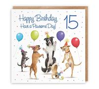 Hunts England 15th Birthday Card For Boy/Girl - Dancing Dogs - Children's Birthday Card - Age 15 Boy - Age 15 Girl's - Milo's Gallery Collection - Funny