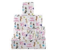 Hunts England - 16th Birthday Female Fun Wrapping Paper And Tags - Pink - Dancing Dogs - 5 Sheets & 5 Gift Tags - Age 16 Folded Gift Wrap - Milo's Gallery - Age Sixteen Dogs Multipack Gift Wrap
