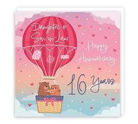 Hunts England - 16th Daughter And Son-in-Law Hot Air Balloon Anniversary Card - Cute Bears - Luxury 16th Anniversary Card For Daughter And Son-in-Law - Daughter And Son-in-Law 16th Anniversary Card