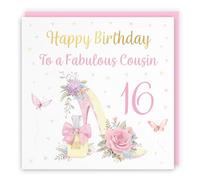 Hunts England - 16th Female Cousin High Heel And Perfume Birthday Card - Gold Foil - Milo's Gallery - Age 16 Pretty Birthday Card For Cousin